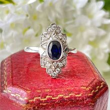Load image into Gallery viewer, Art Deco Paste Sapphire &amp; Diamond Marquise Ring. Silver Set Antique Paste Gemstone Ring. Art Deco Geometric Cocktail Ring, Size Q/ 8.25
