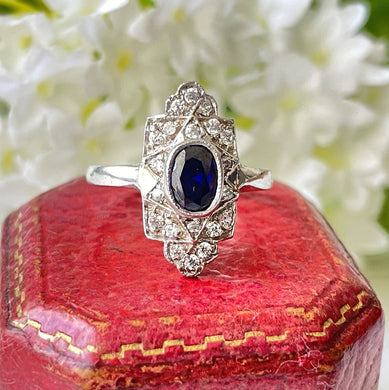 Art Deco Paste Sapphire & Diamond Marquise Ring. Silver Set Antique Paste Gemstone Ring. Art Deco Geometric Cocktail Ring, Size Q/ 8.25