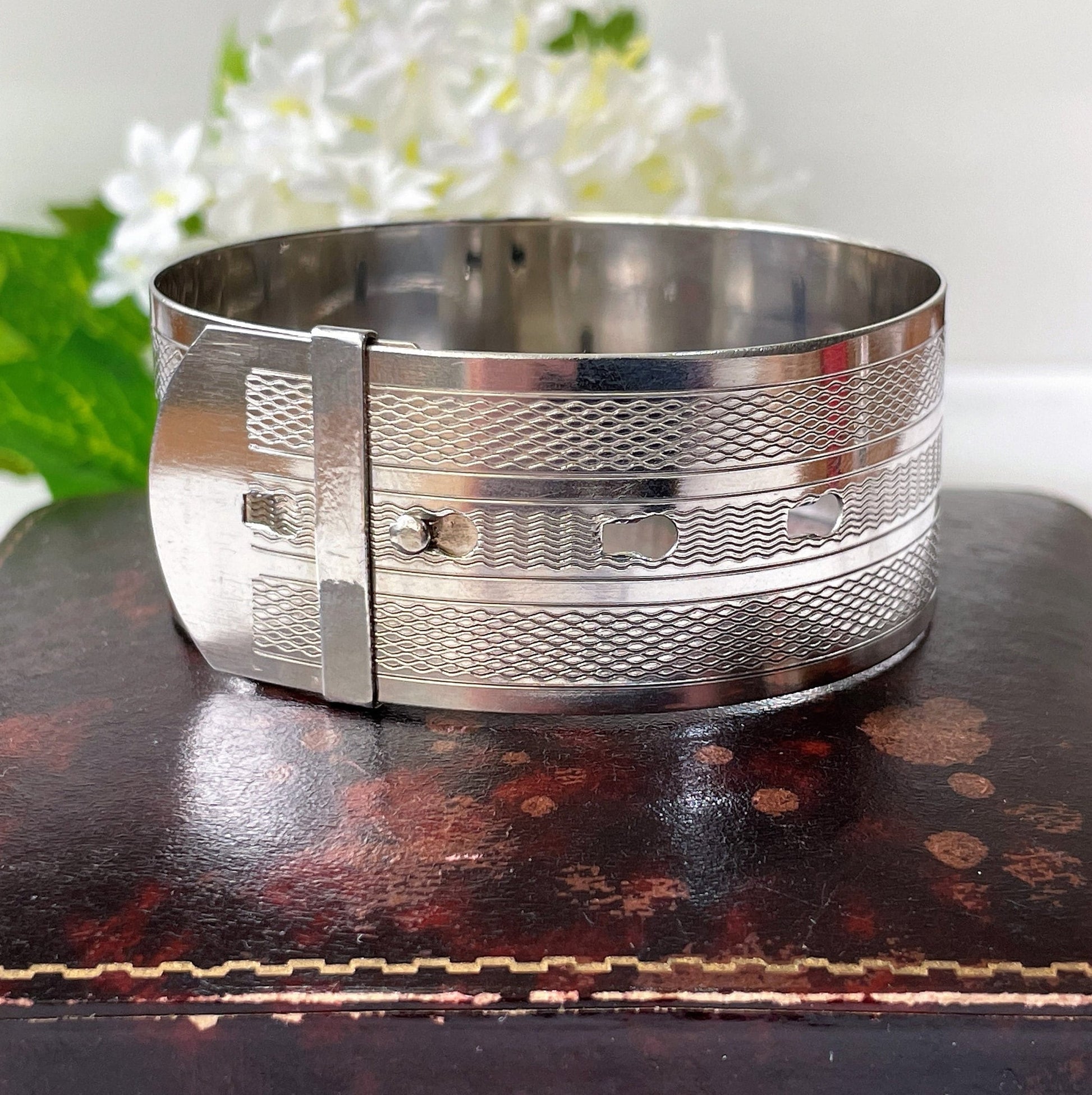Art Deco Guilloche Engraved Belt Bangle. Sterling Silver Adjustable Wide Bracelet Cuff. Vintage 1930s English Silver Statement Bangle