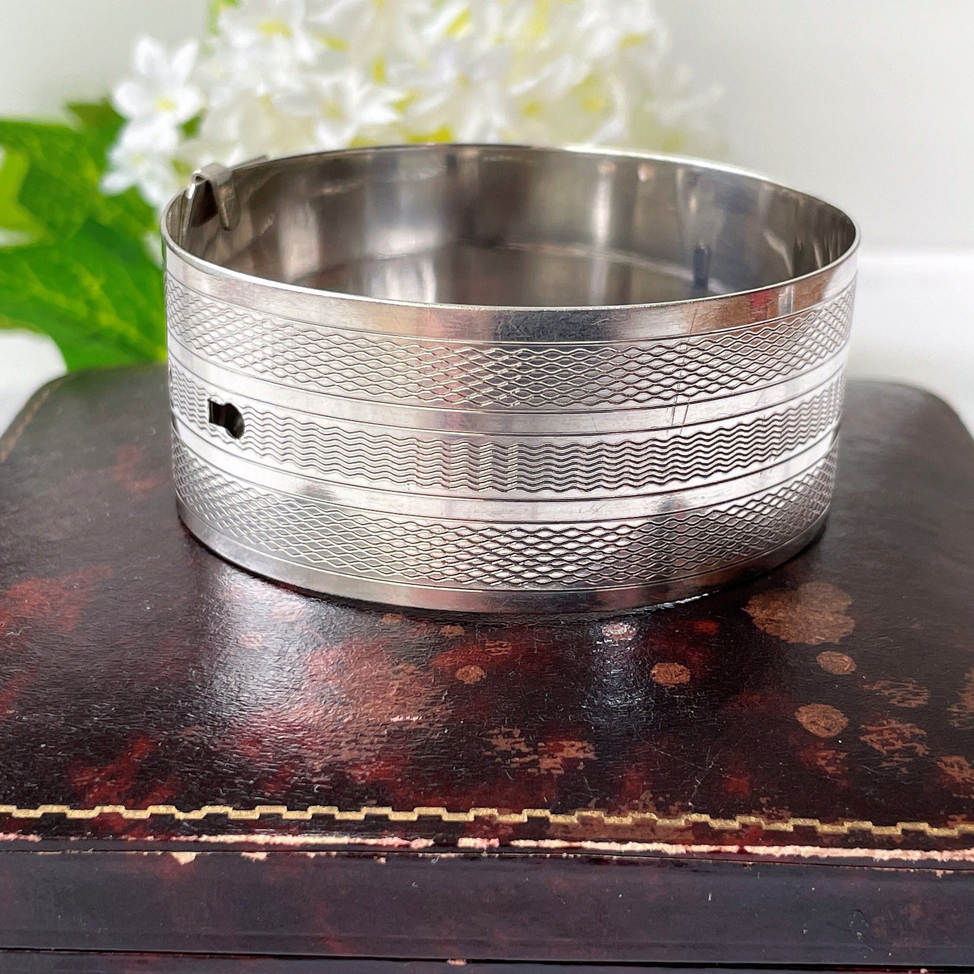 Art Deco Guilloche Engraved Belt Bangle. Sterling Silver Adjustable Wide Bracelet Cuff. Vintage 1930s English Silver Statement Bangle