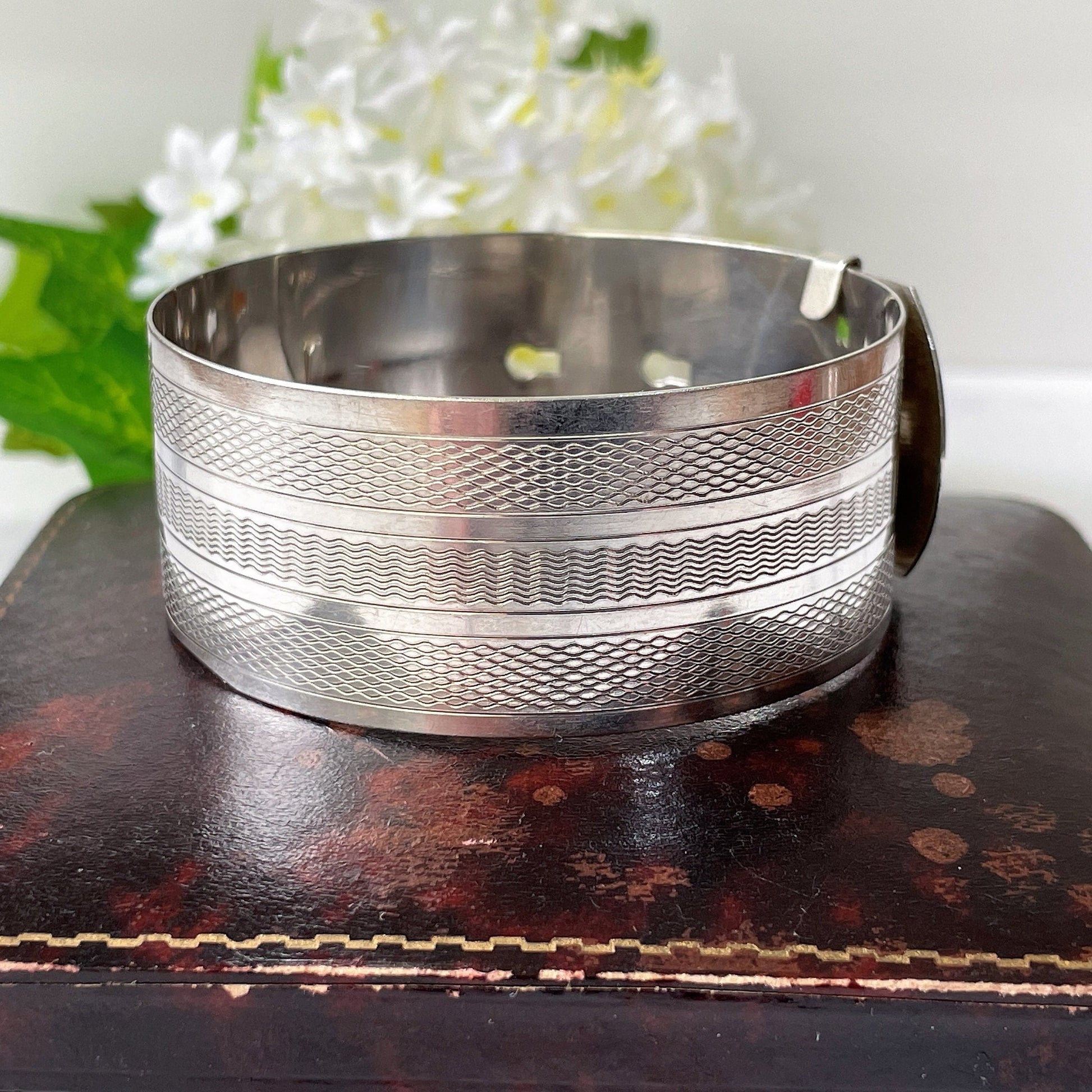 Art Deco Guilloche Engraved Belt Bangle. Sterling Silver Adjustable Wide Bracelet Cuff. Vintage 1930s English Silver Statement Bangle