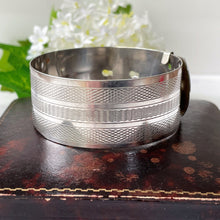 Load image into Gallery viewer, Art Deco Guilloche Engraved Belt Bangle. Sterling Silver Adjustable Wide Bracelet Cuff. Vintage 1930s English Silver Statement Bangle

