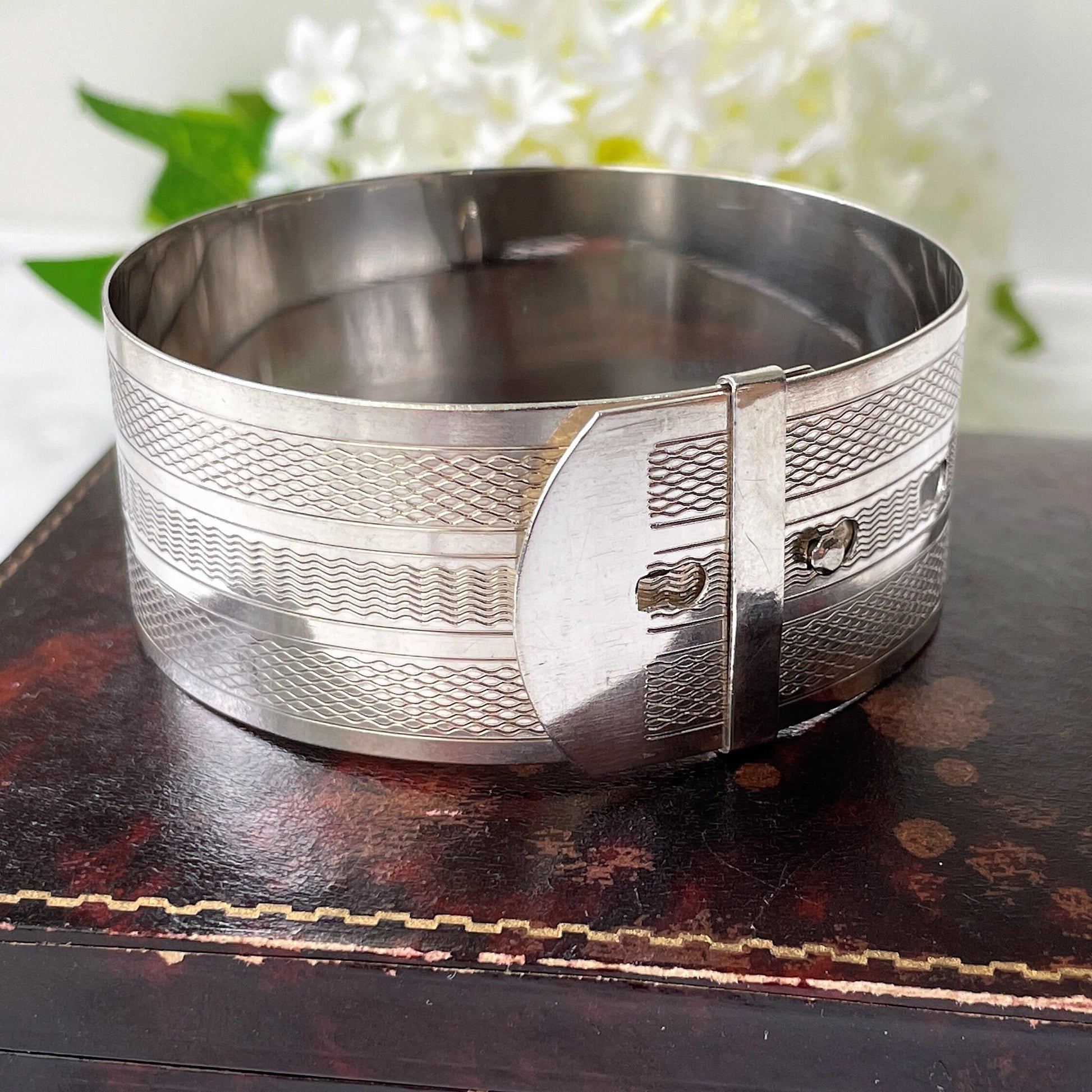 Art Deco Guilloche Engraved Belt Bangle. Sterling Silver Adjustable Wide Bracelet Cuff. Vintage 1930s English Silver Statement Bangle