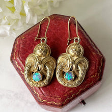 Load image into Gallery viewer, Victorian 18ct Gold On Silver Opal Earrings.  Antique Etruscan Revival Pendant Drop Earrings. Victorian Borromean Ring Earrings

