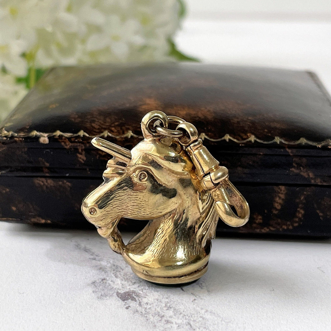 Victorian Gold Plated Bloodstone Unicorn Fob On Dog-Clip. Antique Agate Set Novelty Seal Fob. Victorian Mythological Animal Necklace Pendant