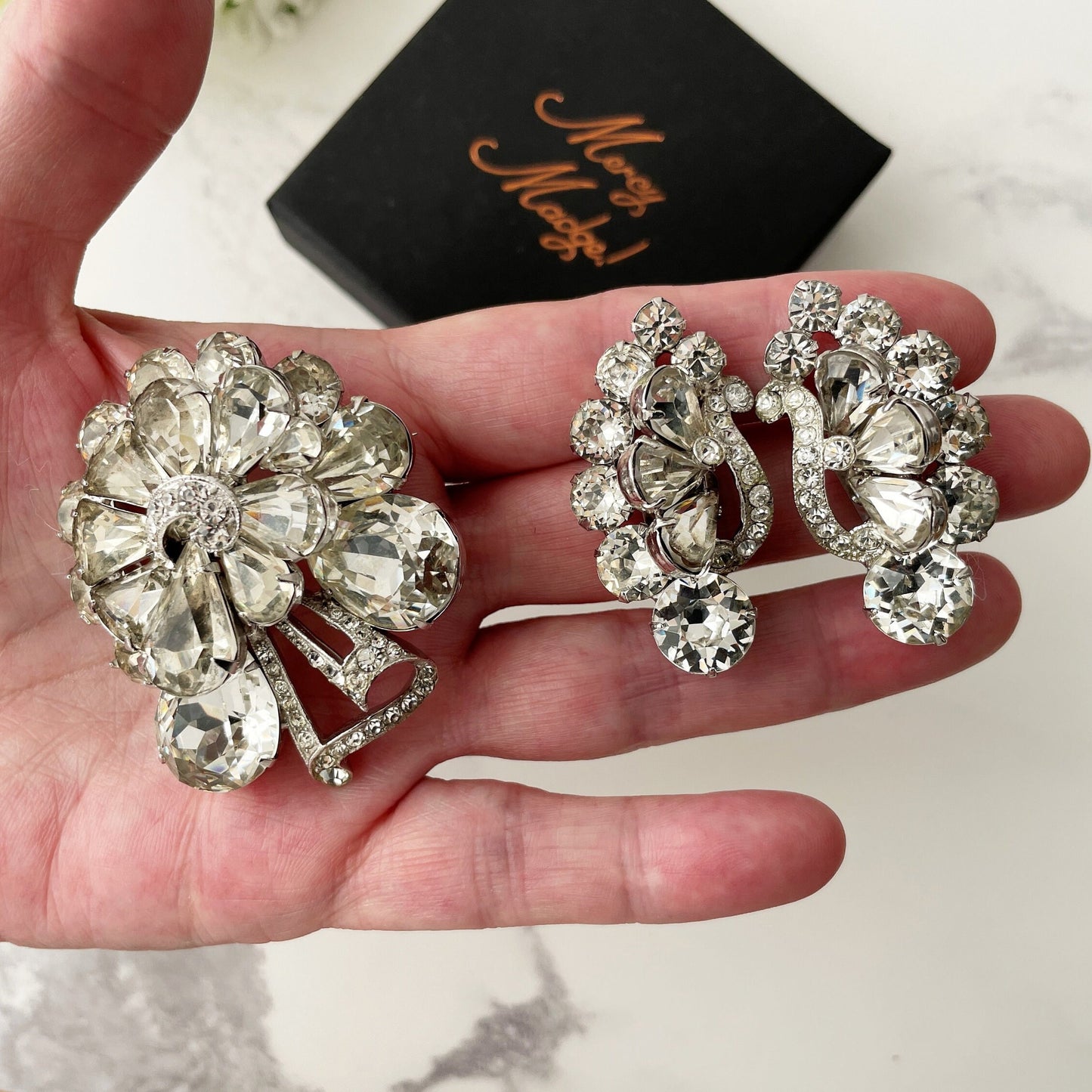 Vintage Eisenberg Clear Crystal Flower Bouquet Brooch & Earring Set. Huge 1940s Austrian Crystal Diamanté Luxury Costume Jewellery Set.