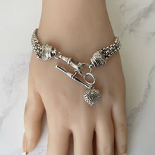 Load image into Gallery viewer, Victorian Sterling Silver Albertina Bracelet. Antique Etruscan Revival Fancy Link Chain Bracelet With Love Heart Charm, T-Bar &amp; Dog-Clip
