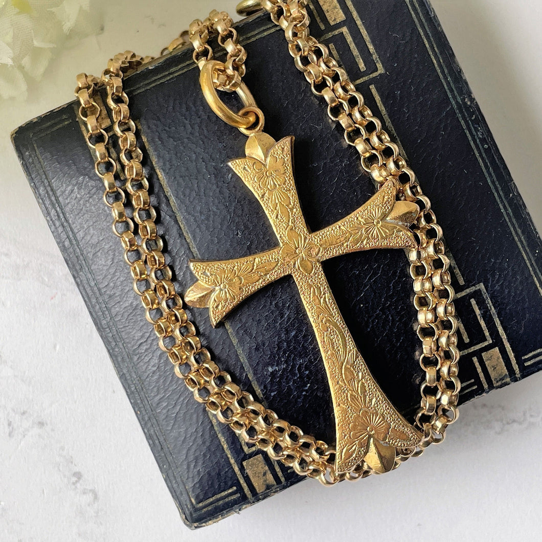 Georgian Pinchbeck Gold Gothic Cross Pendant Necklace. Antique Early Victorian Floral Engraved Large Cross & Belcher Chain Necklace.