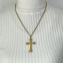 Load image into Gallery viewer, Georgian Pinchbeck Gold Gothic Cross Pendant Necklace. Antique Early Victorian Floral Engraved Large Cross &amp; Belcher Chain Necklace.
