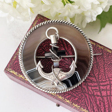 Victorian Scottish Silver Banded Agate Cross & Anchor Brooch. Antique Faith and Hope Plaid/Tartan Brooch. Victorian Scottish Pebble Jewelry