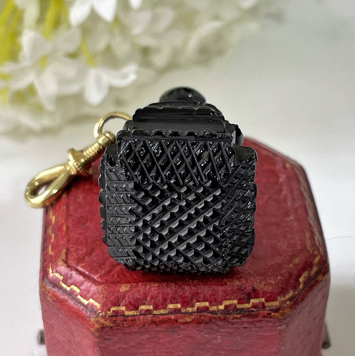 Victorian Carved Whitby Jet Fob Seal. Antique English Jet Fob, Rolled Gold Dog-Clip. Victorian Mourning Pocket Watch Fob/Chatelaine Pendant