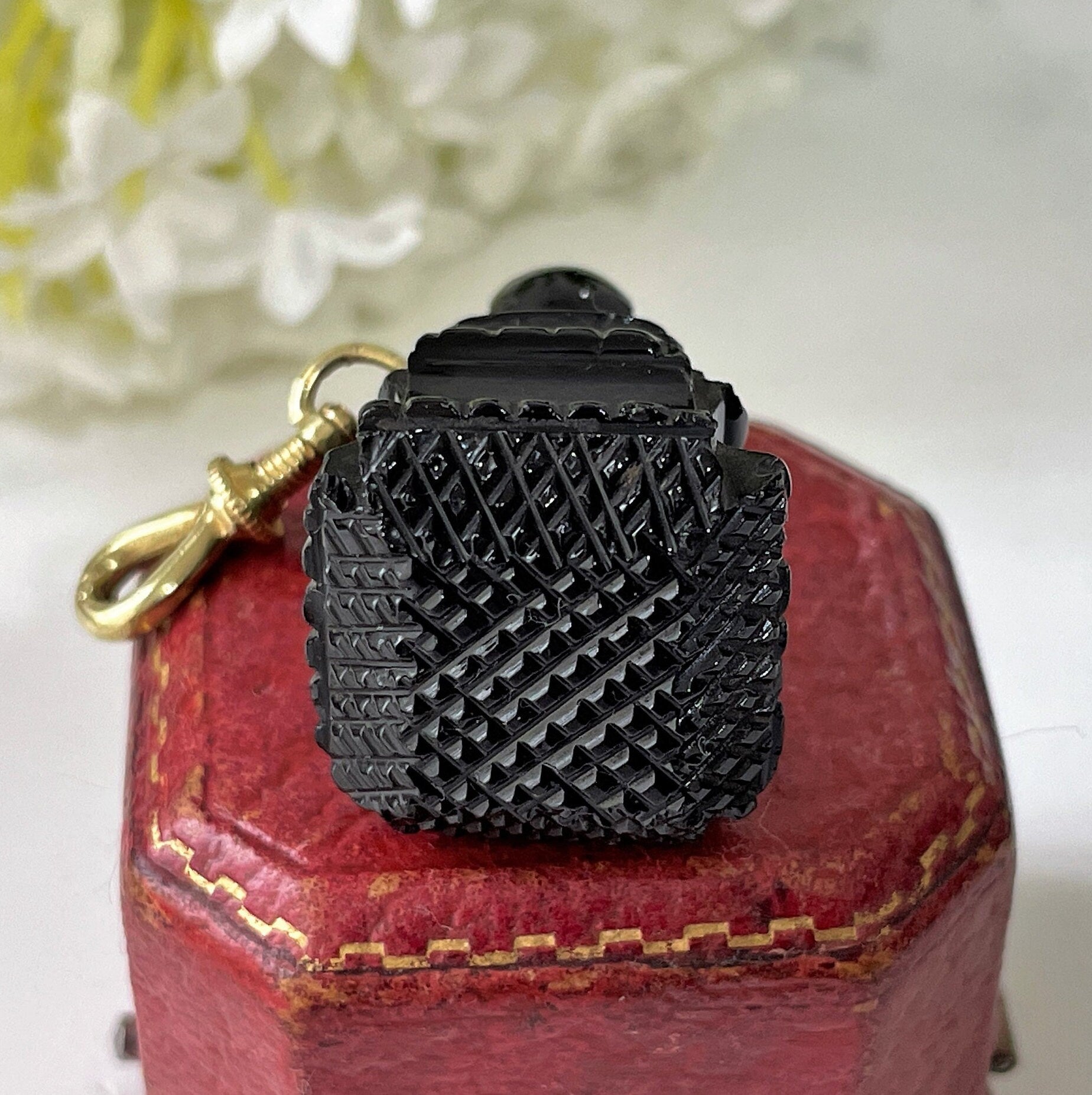 Victorian Carved Whitby Jet Fob Seal. Antique English Jet Fob, Rolled Gold Dog-Clip. Victorian Mourning Pocket Watch Fob/Chatelaine Pendant