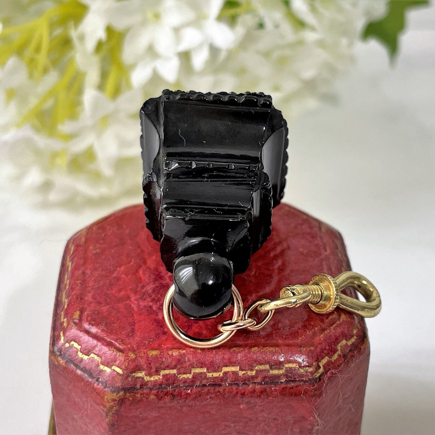 Victorian Carved Whitby Jet Fob Seal. Antique English Jet Fob, Rolled Gold Dog-Clip. Victorian Mourning Pocket Watch Fob/Chatelaine Pendant