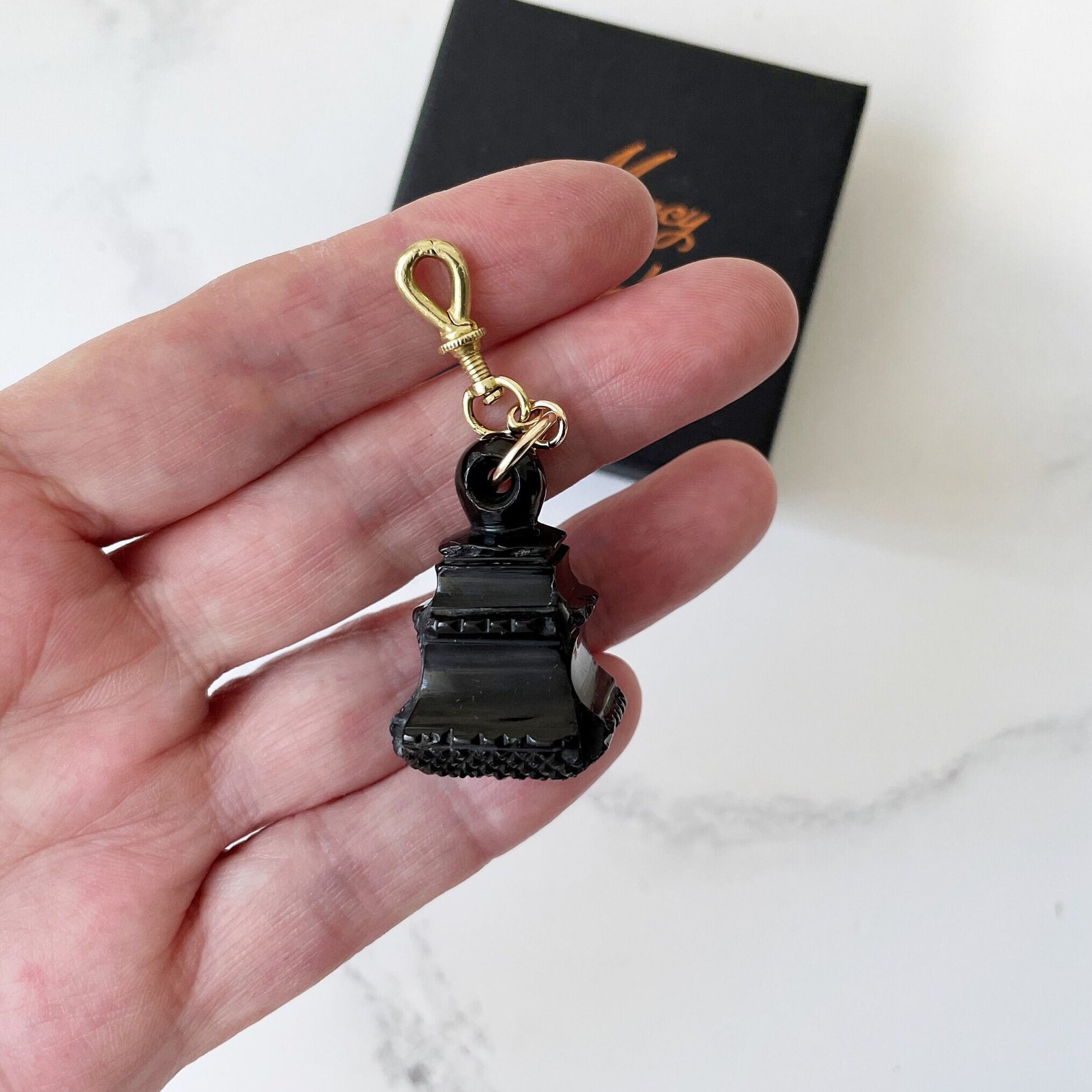 Victorian Carved Whitby Jet Fob Seal. Antique English Jet Fob, Rolled Gold Dog-Clip. Victorian Mourning Pocket Watch Fob/Chatelaine Pendant