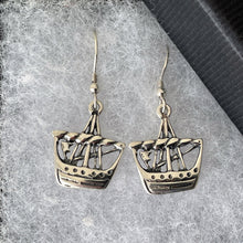 Load image into Gallery viewer, Vintage Scottish Iona Silver Viking Ship Earrings. Alexander Ritchie Longship Earrings. Figural Earrings, Edinburgh Silver Hallmarks
