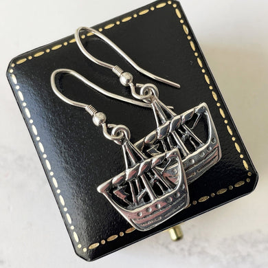 Vintage Scottish Iona Silver Viking Ship Earrings. Alexander Ritchie Longship Earrings. Figural Earrings, Edinburgh Silver Hallmarks