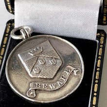 画像をギャラリービューアに読み込む, Antique &quot;Beware&quot; Coat Of Arms Sterling Silver Fob. English Edwardian Pendant. Harry Potter À La Mode School Attendance Silver Medal c1903-6
