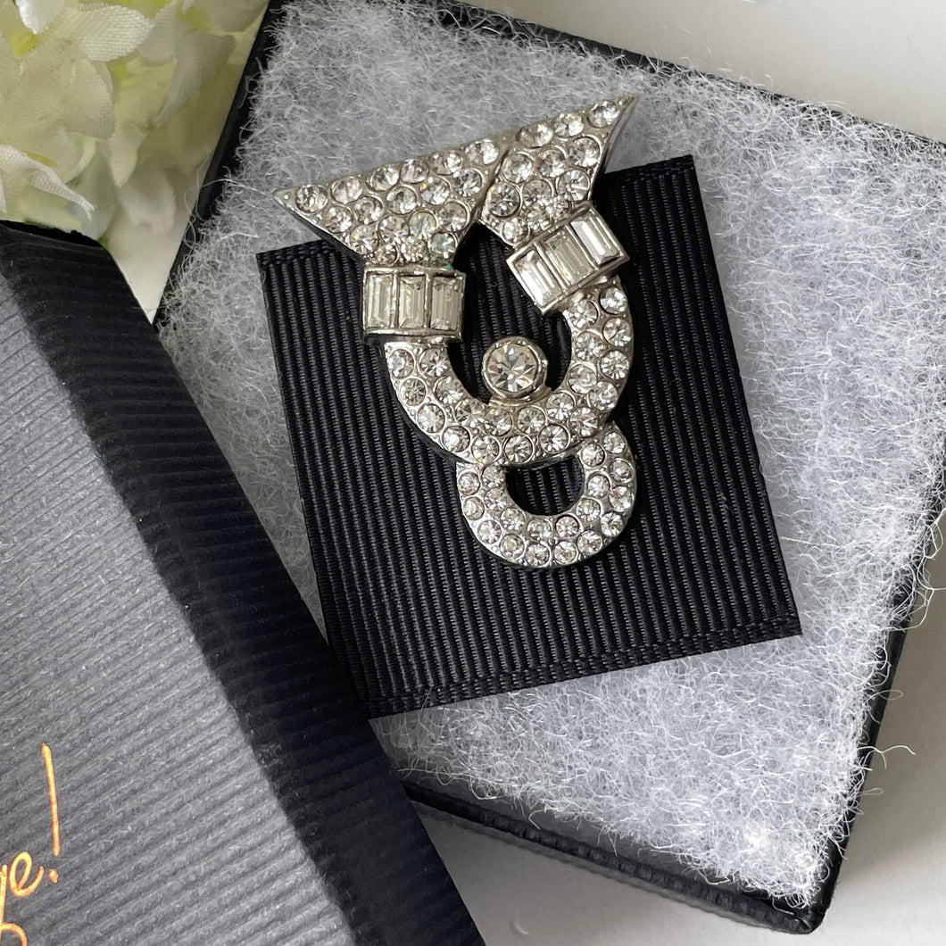 Art Deco Paste Diamond & Silver Dress Clip. Vintage 1930s Geometric Clip Brooch. Crystal Diamante Dress Clip. Antique Bridal Jewellery