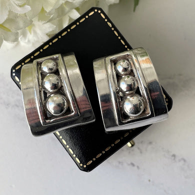 Margot de Taxco Sterling Silver Modernist Earrings. Vintage 1950's Designer Clip Earrings, Mexico. Art Deco Inspired Statement Earrings