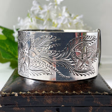 Load image into Gallery viewer, Edwardian Floral Engraved Silver Belt Bangle. Antique Art Nouveau Flower &amp; Leaf Bracelet Cuff. Adjustable Sterling Silver Extra Wide Bangle
