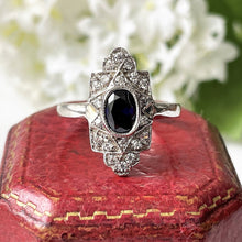 Load image into Gallery viewer, Art Deco Paste Sapphire &amp; Diamond Marquise Ring. Silver Set Antique Paste Gemstone Ring. Art Deco Geometric Cocktail Ring, Size Q/ 8.25
