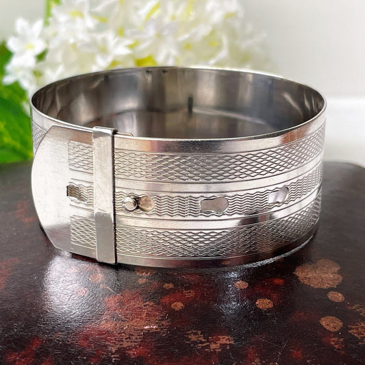 Art Deco Guilloche Engraved Belt Bangle. Sterling Silver Adjustable Wide Bracelet Cuff. Vintage 1930s English Silver Statement Bangle