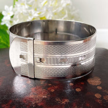 Load image into Gallery viewer, Art Deco Guilloche Engraved Belt Bangle. Sterling Silver Adjustable Wide Bracelet Cuff. Vintage 1930s English Silver Statement Bangle
