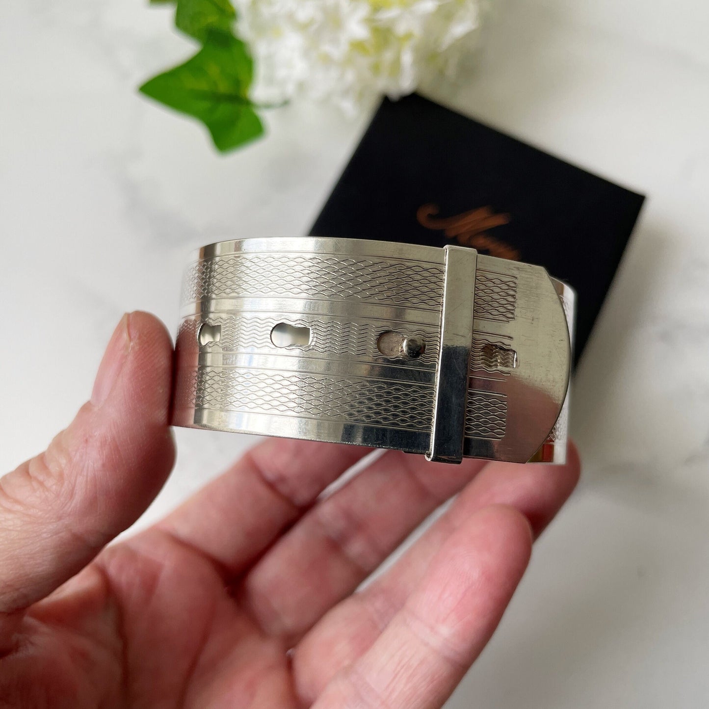 Art Deco Guilloche Engraved Belt Bangle. Sterling Silver Adjustable Wide Bracelet Cuff. Vintage 1930s English Silver Statement Bangle