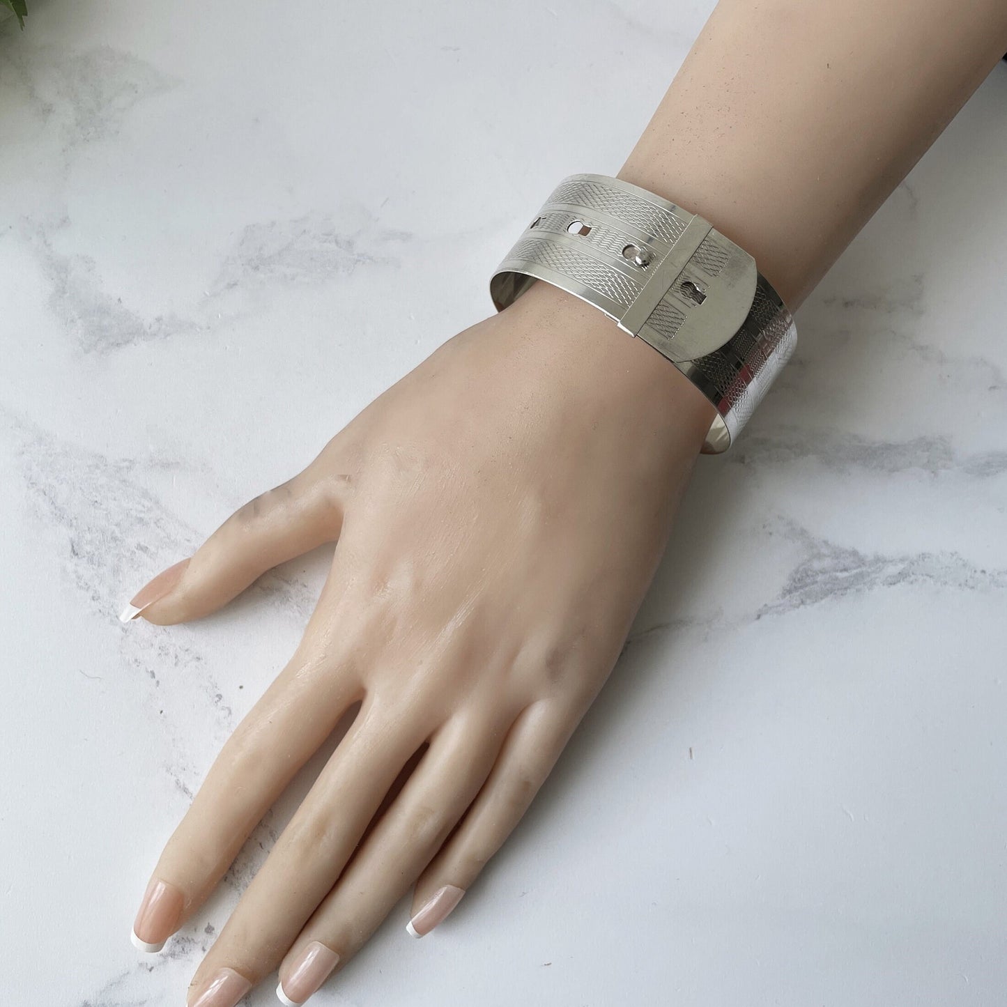 Art Deco Guilloche Engraved Belt Bangle. Sterling Silver Adjustable Wide Bracelet Cuff. Vintage 1930s English Silver Statement Bangle