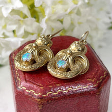Load image into Gallery viewer, Victorian 18ct Gold On Silver Opal Earrings.  Antique Etruscan Revival Pendant Drop Earrings. Victorian Borromean Ring Earrings
