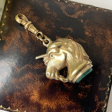 Load image into Gallery viewer, Victorian Gold Plated Bloodstone Unicorn Fob On Dog-Clip. Antique Agate Set Novelty Seal Fob. Victorian Mythological Animal Necklace Pendant
