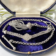 Load image into Gallery viewer, Victorian Sterling Silver Albertina Watch Chain. Antique Etruscan Revival Belcher Link Chain Bracelet with Slider &amp; Tassel Charm and  T-Bar
