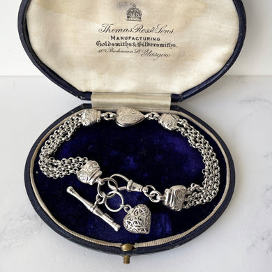 Victorian Sterling Silver Albertina Bracelet. Antique Etruscan Revival Fancy Link Chain Bracelet With Love Heart Charm, T-Bar & Dog-Clip