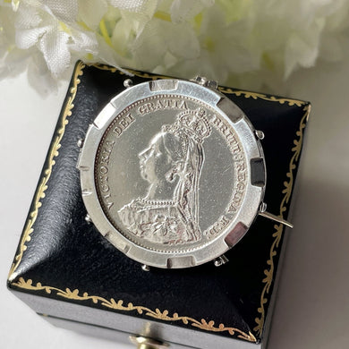 Queen Victoria Jubilee Head Silver Shilling Coin Brooch