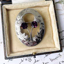 Load image into Gallery viewer, Vintage Scottish Silver &amp; Amethyst Thistle Shield Brooch. Oval Engraved Sterling Silver Cairngorm Brooch. Scottish Plaid Pin, Ward Bros 1966
