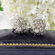 Load image into Gallery viewer, Vintage Sterling Silver Clear Crystal Daisy Earrings. 1940s Screw Back Silver Filigree Earrings. Antique Paste Diamanté Cluster Earrings
