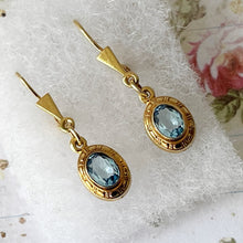Load image into Gallery viewer, Vintage Victorian Revival 9ct Gold Aquamarine Earrings. Yellow Gold Etruscan Style Drop Earrings. Greek/Neoclassical Blue Gemstone Earrings.
