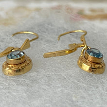 Load image into Gallery viewer, Vintage Victorian Revival 9ct Gold Aquamarine Earrings. Yellow Gold Etruscan Style Drop Earrings. Greek/Neoclassical Blue Gemstone Earrings.

