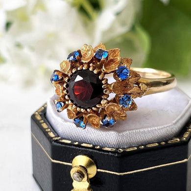 Vintage 1960's 9ct Gold Garnet & Spinel Flower Ring. Daisy Dome Cocktail Ring. Mid-Century Yellow Gold Statement  Ring, Size M UK, 6.25 US