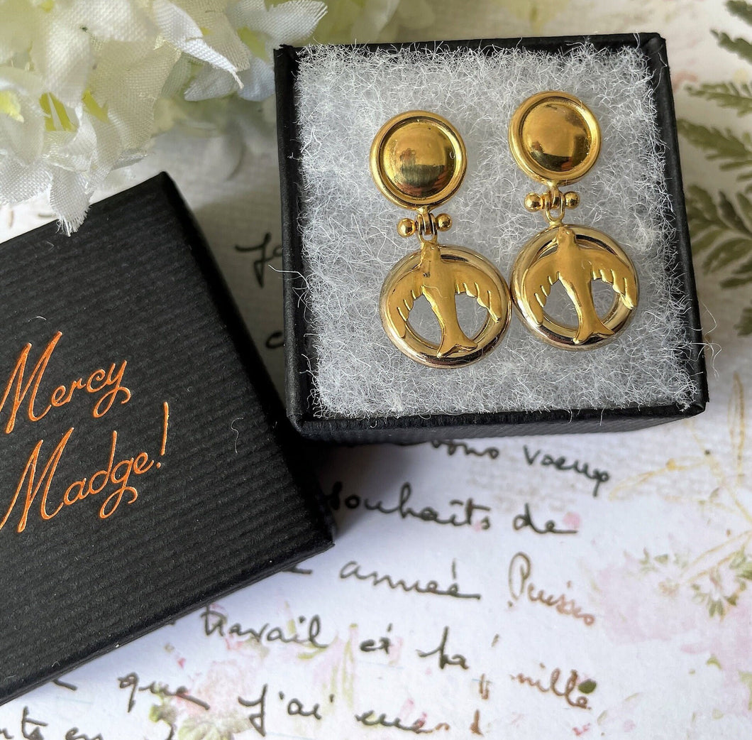 Vintage 18ct Yellow Gold Swallow Earrings. Victorian Revival Gold Drop Earrings. Love Token Earrings. Uno A Terre, Italy 18K Gold Earrings