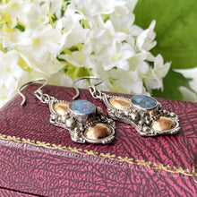 Load image into Gallery viewer, Vintage Victorian Style Silver &amp; 22ct Gold Opal Earrings. Etruscan Revival Large Pendant Drop Earrings. Deep Blue Black Opal Hook Earrings

