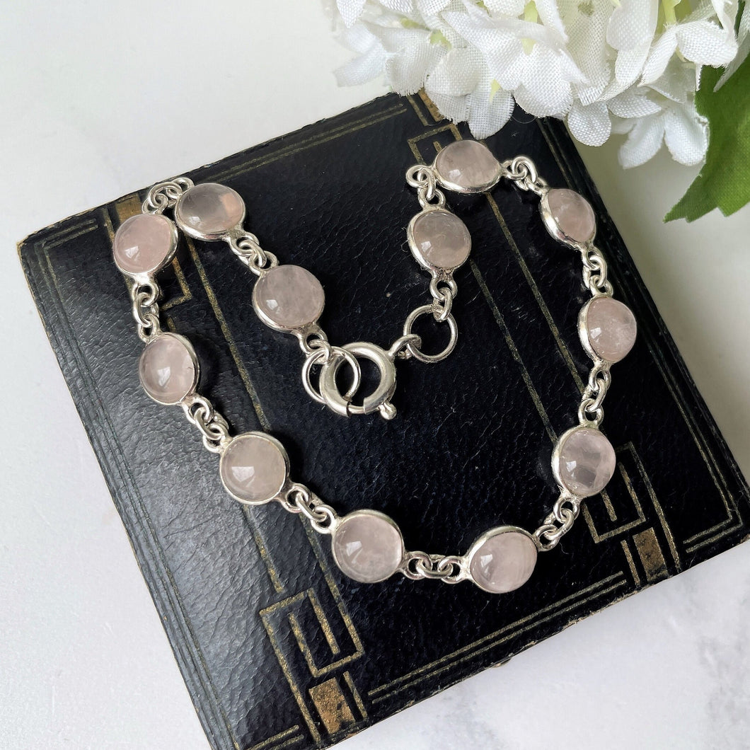 Vintage Sterling Silver & Rose Quartz Bracelet. Bezel Set Pink Gemstone Chain Bracelet. Love Token Amulet. Healing Crystal Bracelet.