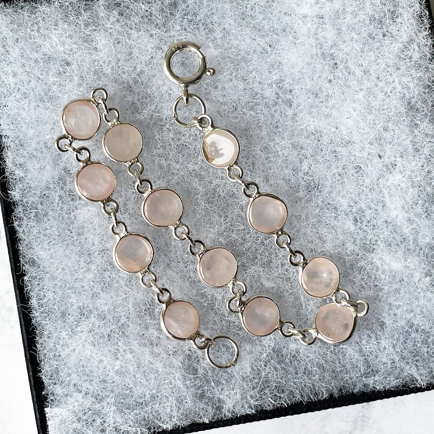 Vintage Sterling Silver & Rose Quartz Bracelet. Bezel Set Pink Gemstone Chain Bracelet. Love Token Amulet. Healing Crystal Bracelet.