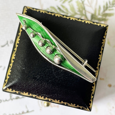 Antique English Silver & Enamel Lily of the Valley Brooch. Edwardian/Art Deco Figural Lapel/Cravat/Stock Pin. Antique Silver Novelty Brooch