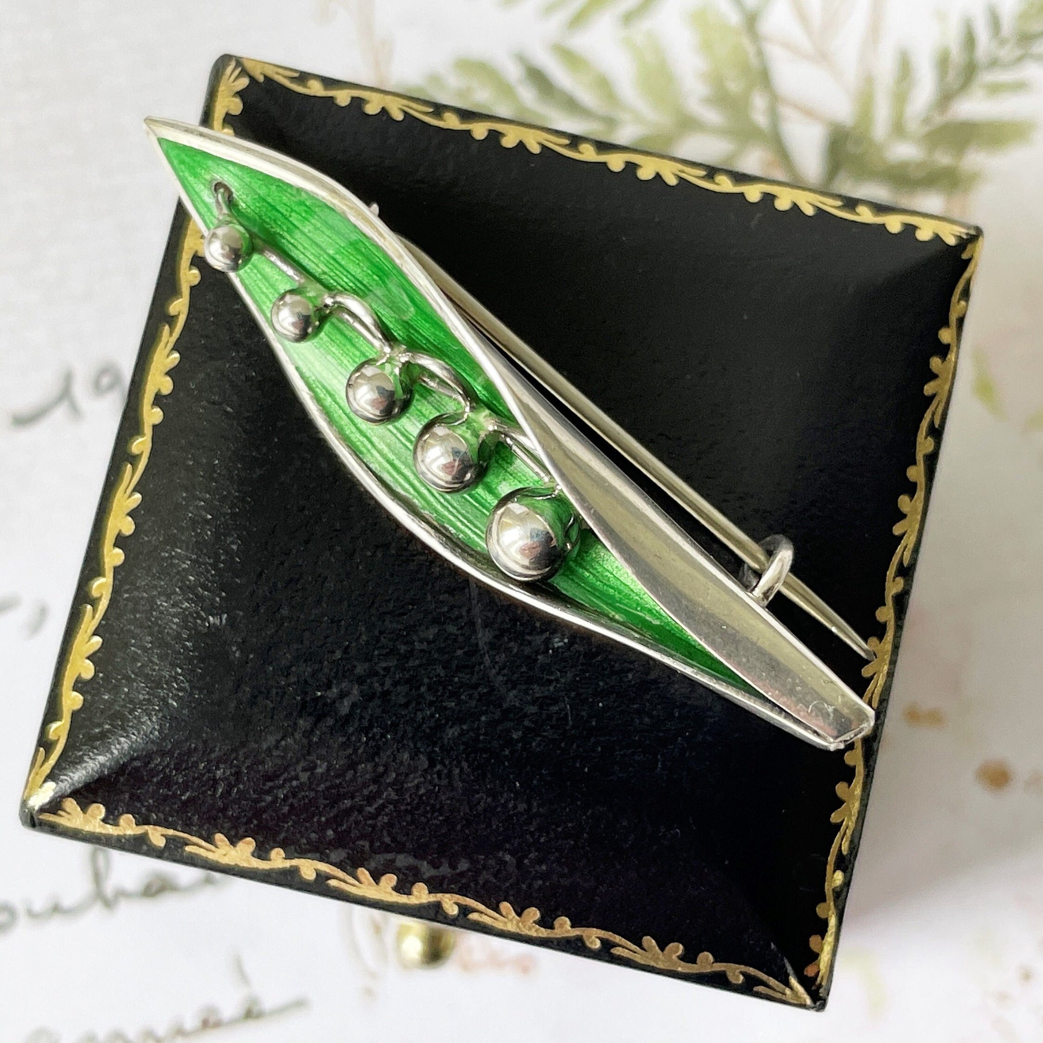 Antique English Silver Enamel Lily of the Valley Brooch
