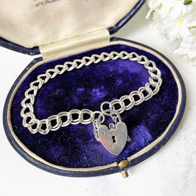 Vintage English Silver Double Curb Chain Bracelet, Love Heart Padlock. Victorian Style Sterling Silver Sweetheart Bracelet, 1962 Hallmarks