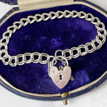 画像をギャラリービューアに読み込む, Vintage English Silver Double Curb Chain Bracelet, Love Heart Padlock. Victorian Style Sterling Silver Sweetheart Bracelet, 1962 Hallmarks
