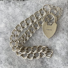 Lade das Bild in den Galerie-Viewer, Vintage English Silver Double Curb Chain Bracelet, Love Heart Padlock. Victorian Style Sterling Silver Sweetheart Bracelet, 1962 Hallmarks
