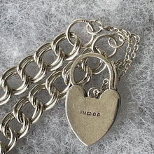 Cargar imagen en el visor de la galería, Vintage English Silver Double Curb Chain Bracelet, Love Heart Padlock. Victorian Style Sterling Silver Sweetheart Bracelet, 1962 Hallmarks
