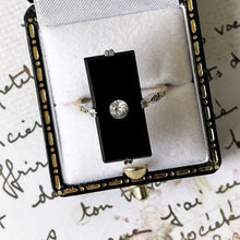 Load image into Gallery viewer, Antique Art Deco 9ct Gold White Zircon &amp; Onyx Ring. 1920s Rectangular Black Gemstone Cocktail Ring. UK Size M-1/2, US Size 6-1/2
